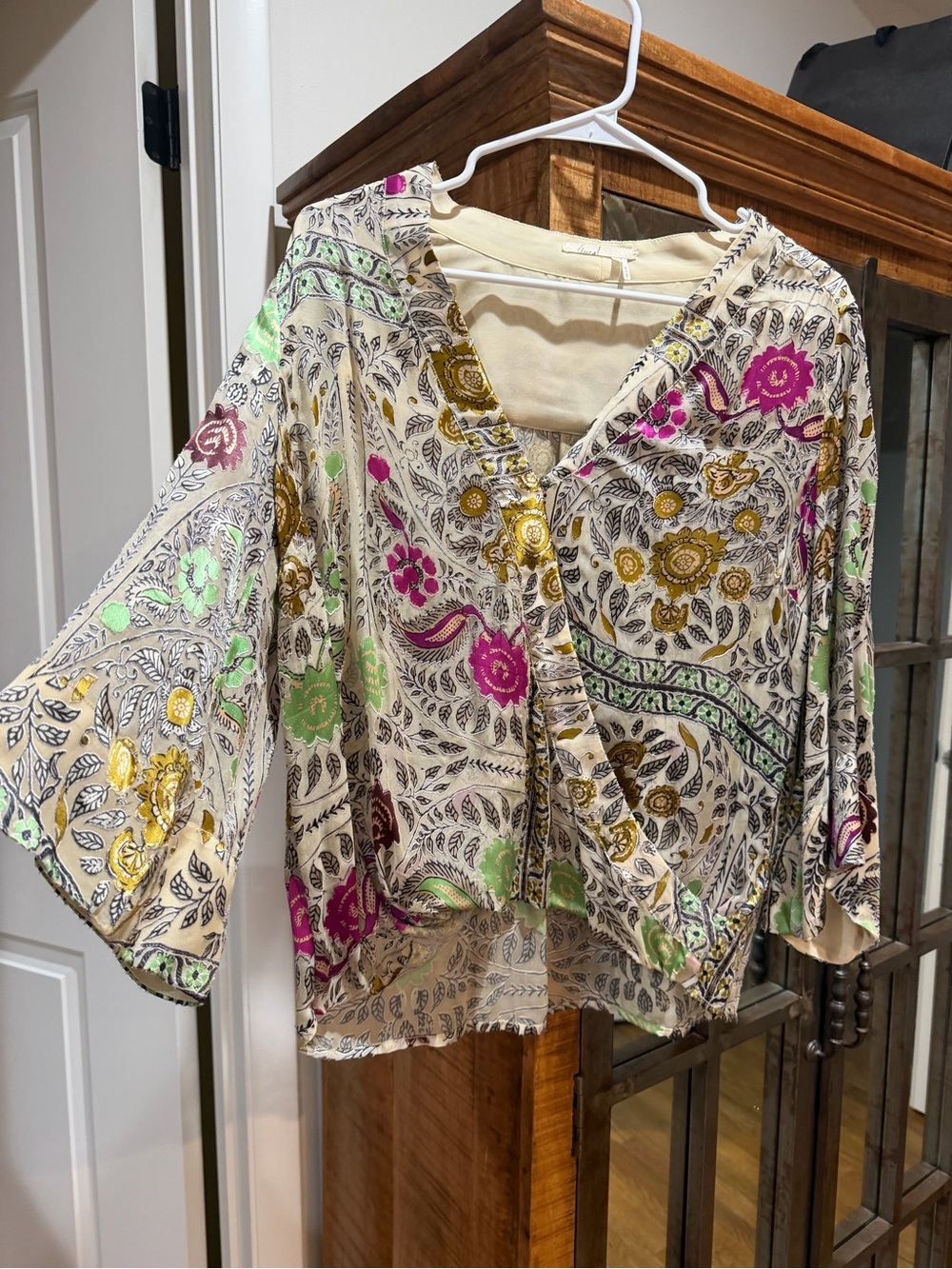 Floreat Cream Bohemian V-Neck Blouse with Pink, Green & Gold Floral Accents